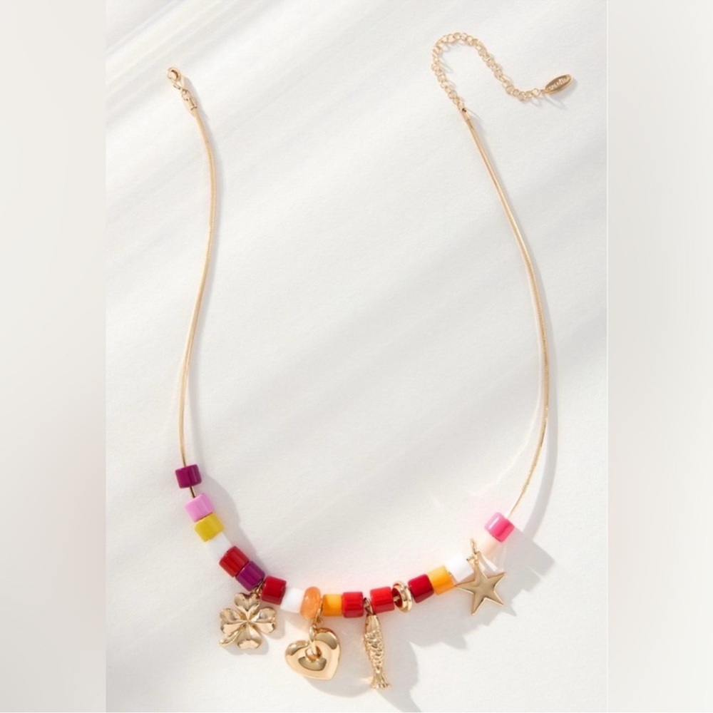 Anthropologie Beaded Charm Necklace Gold Pink NWT/FLAWED